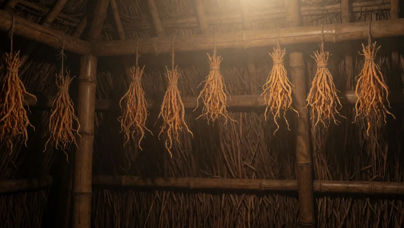 Botanical drying shed interior at dusk with raked amber light through timber slats