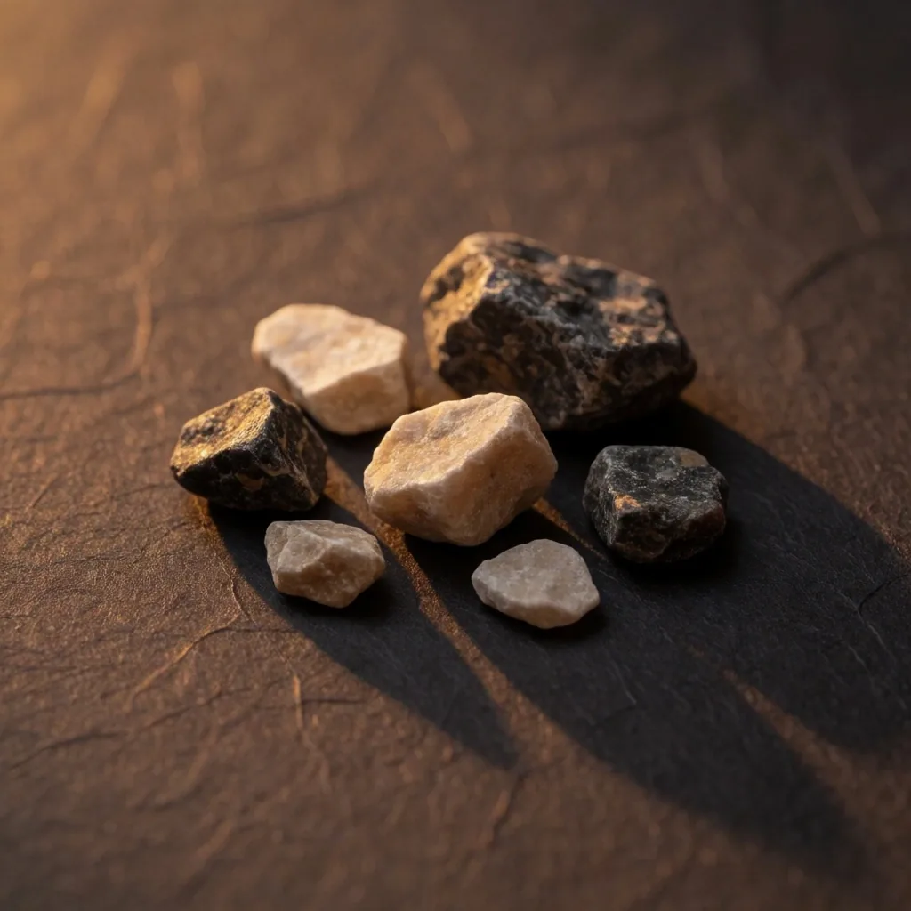Raw mineral specimens on warm dark textured paper with amber side light