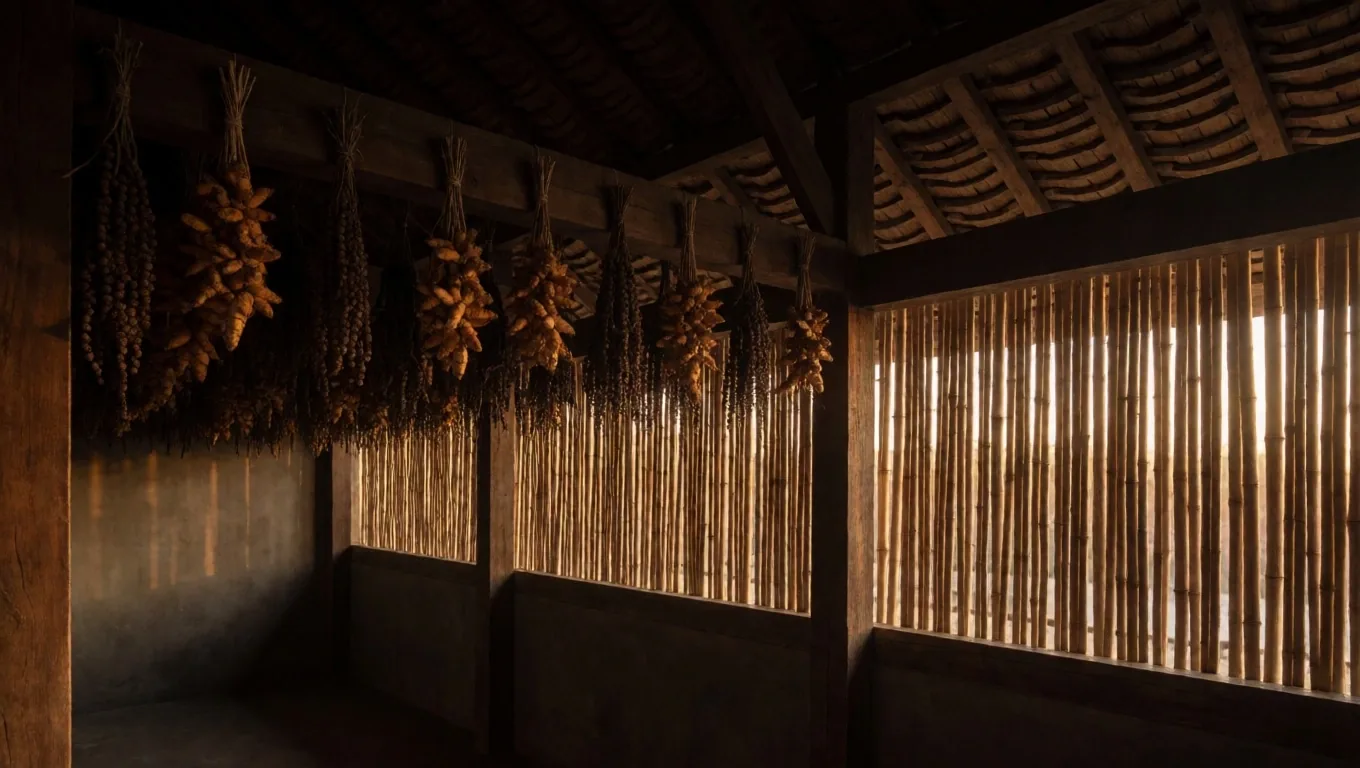 Botanical drying shed interior at tropical dusk with amber light through timber slats