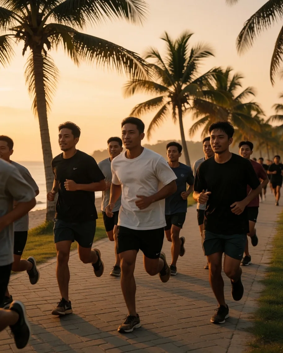 Group of men running together on a tropical coastal path at golden hour