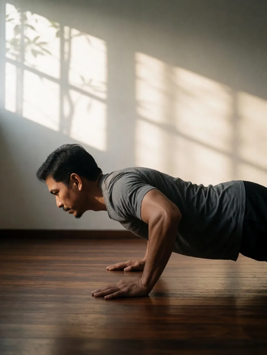 Man performing bodyweight exercises in a minimalist indoor space with morning light