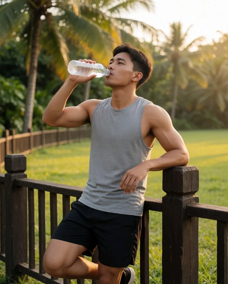 Man hydrating with water after exercise in a tropical outdoor setting