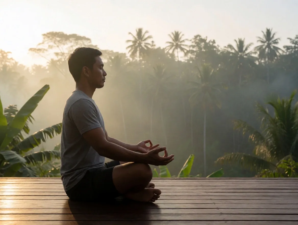 Man meditating on a wooden deck overlooking tropical greenery at dawn