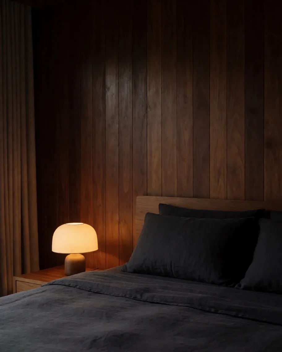 Minimalist bedroom with warm bedside lighting suggesting restful sleep environment