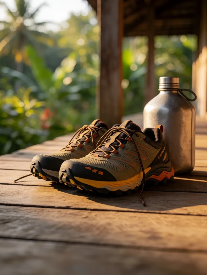 Running shoes and athletic gear on a wooden bench in warm tropical light