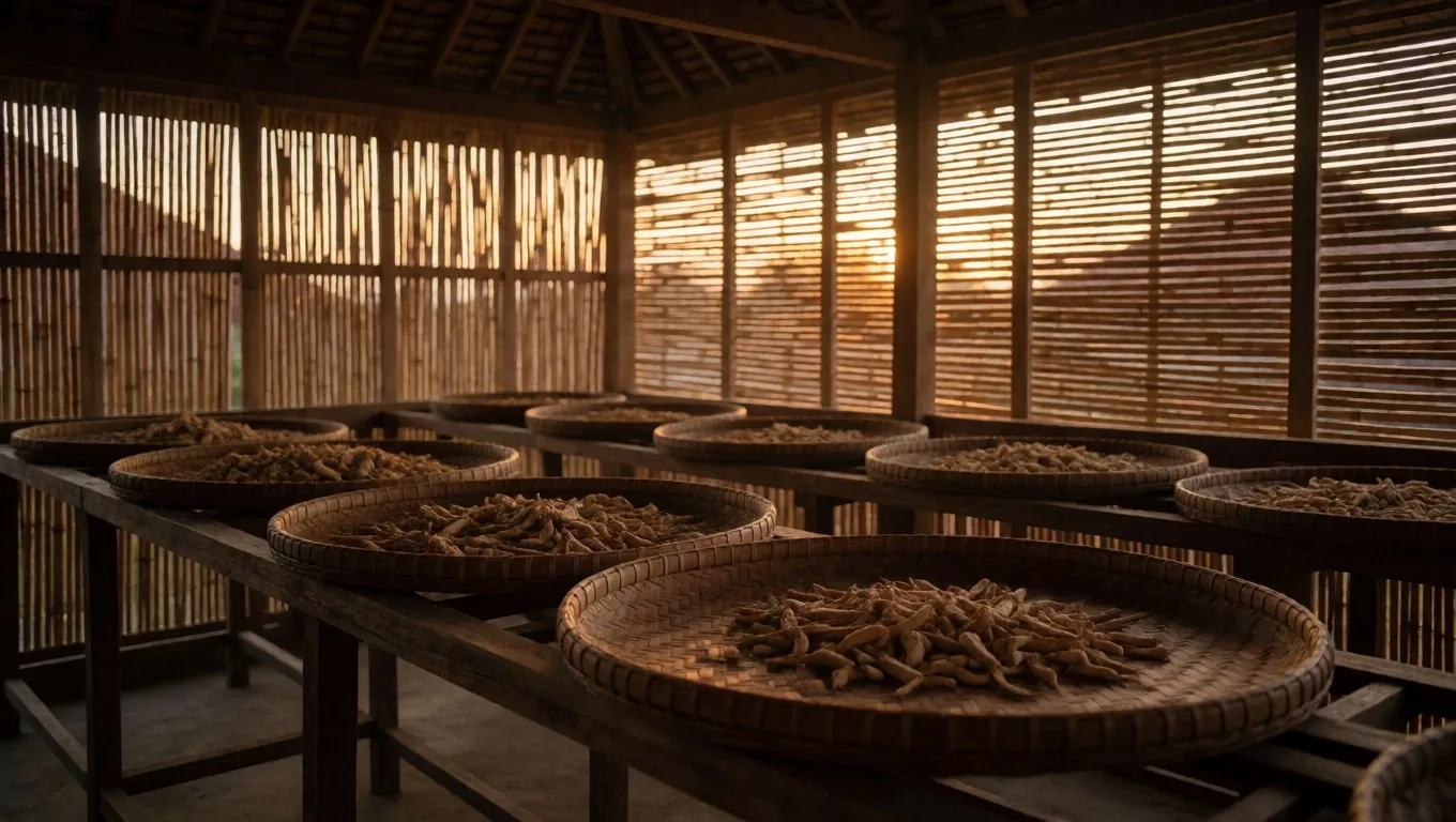 Drying shed interior with botanical specimens at dusk
