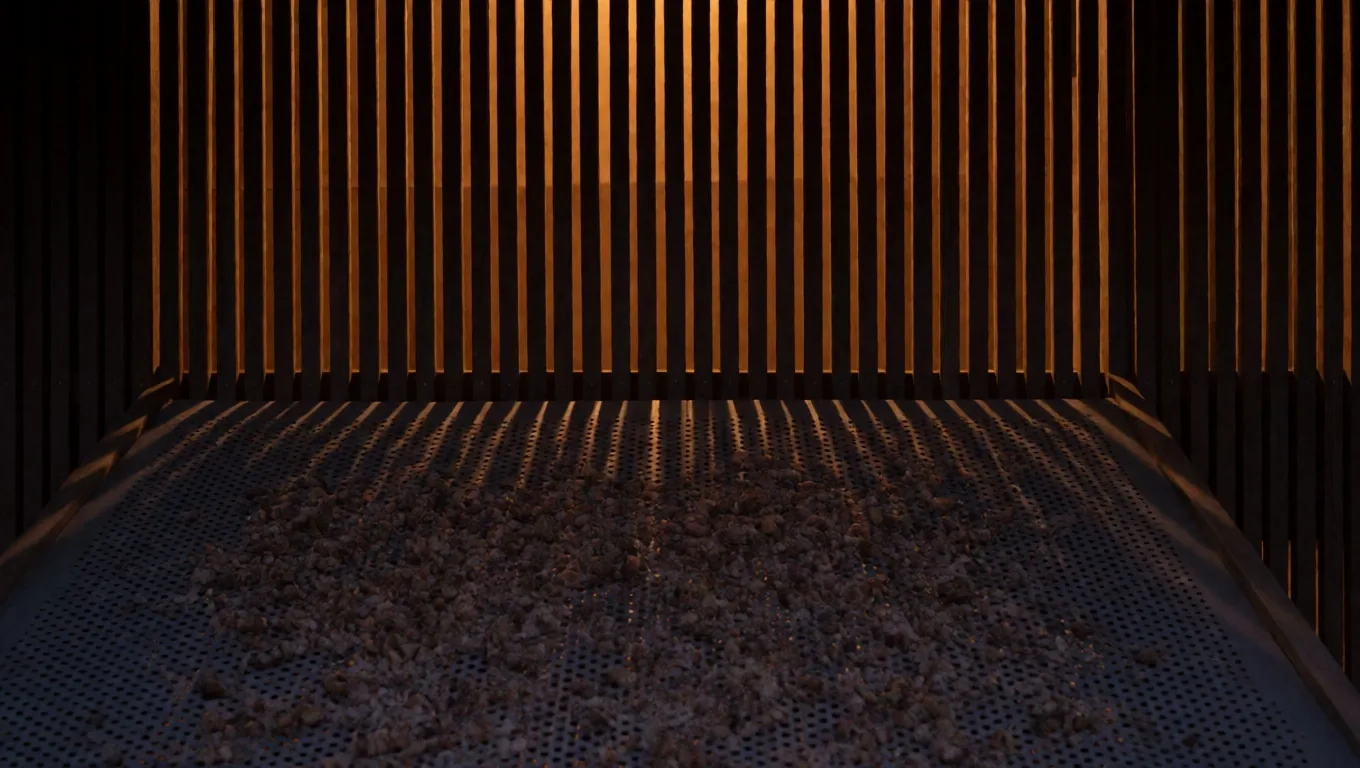 Drying shed wall at dusk with perforated harvest sheet