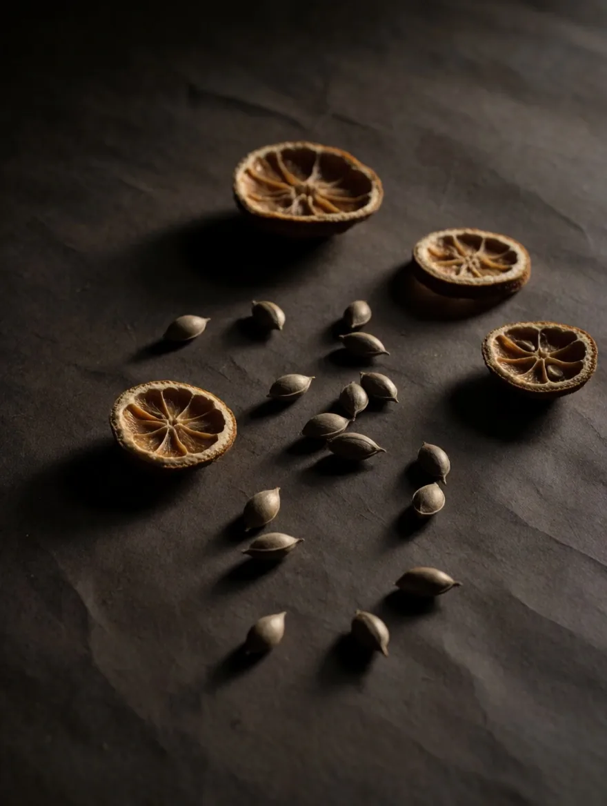 Brazil nuts and dried citrus on dark textured paper