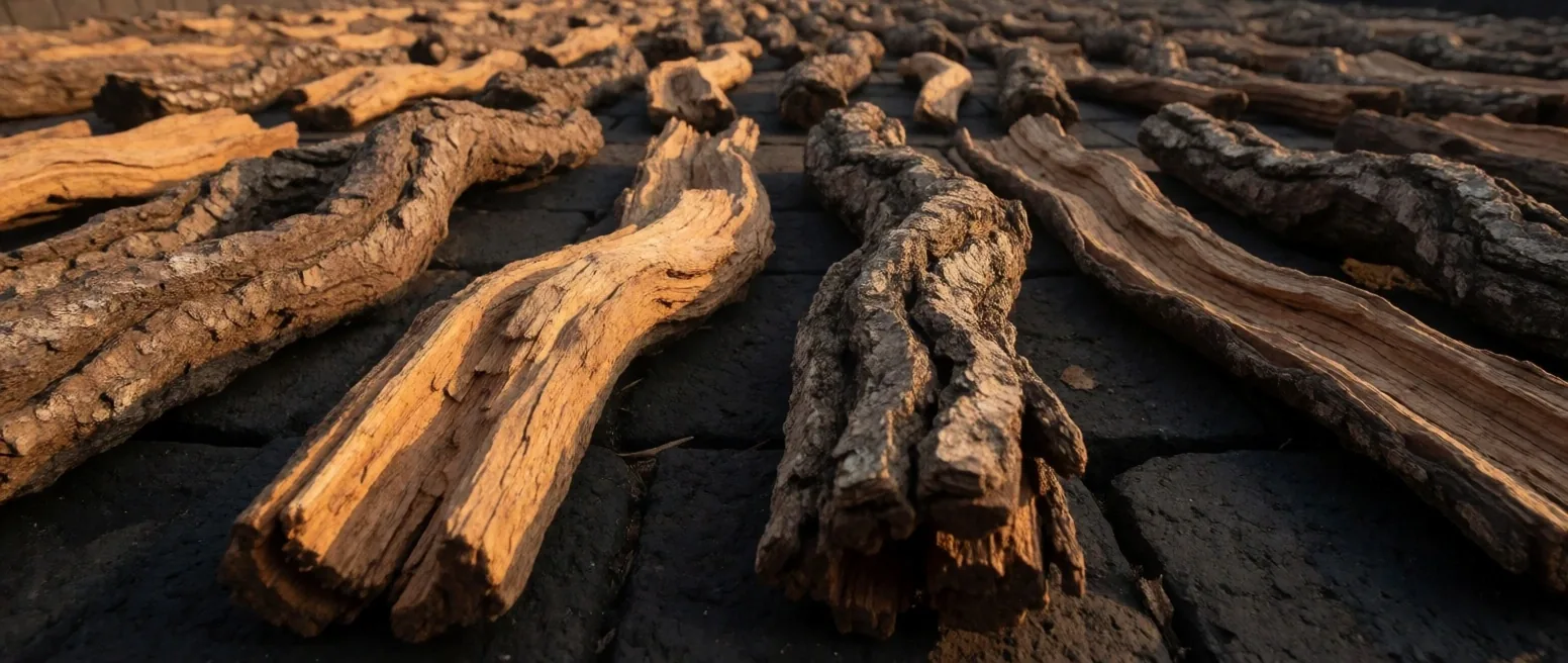 Dried botanical roots and bark specimens on dark textured surface