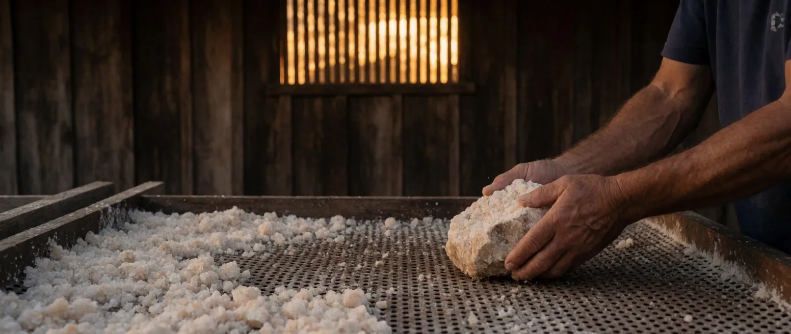 Hands placing a mineral sample on a harvest calendar sheet on a timber wall