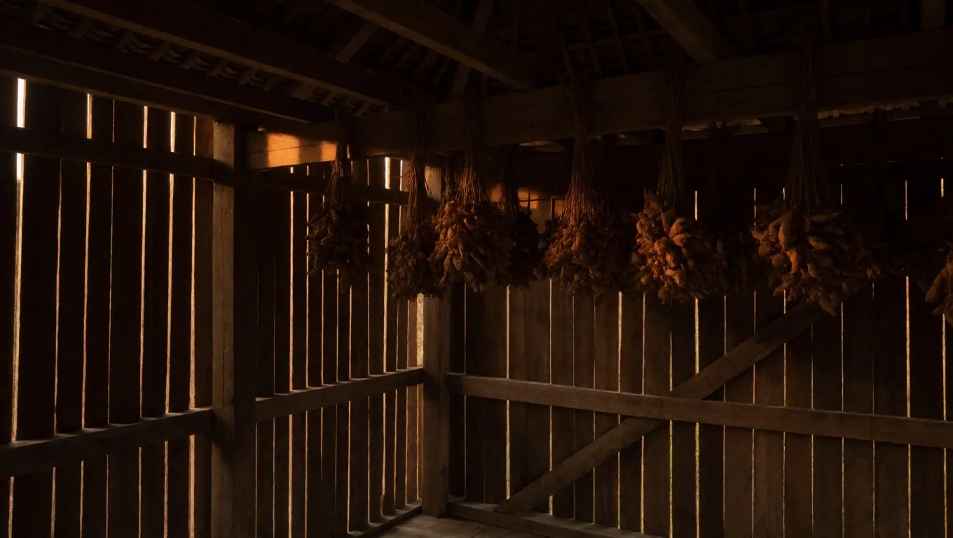 Botanical drying shed at tropical dusk with timber walls and amber raked light