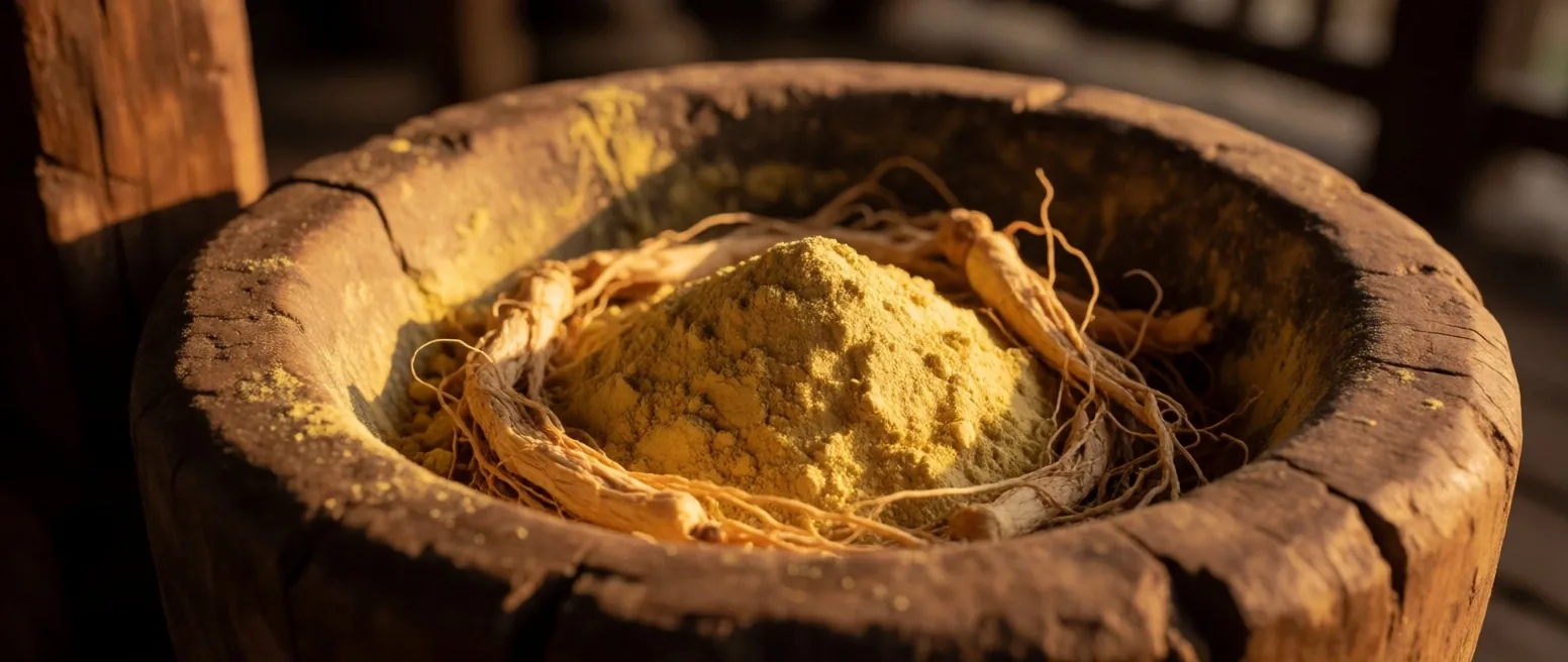 Dried ginseng and maca root specimens on timber in warm amber light