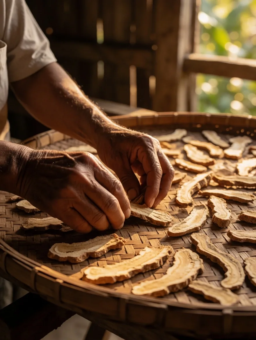Hands placing dried Tongkat Ali root specimens on a harvest sheet