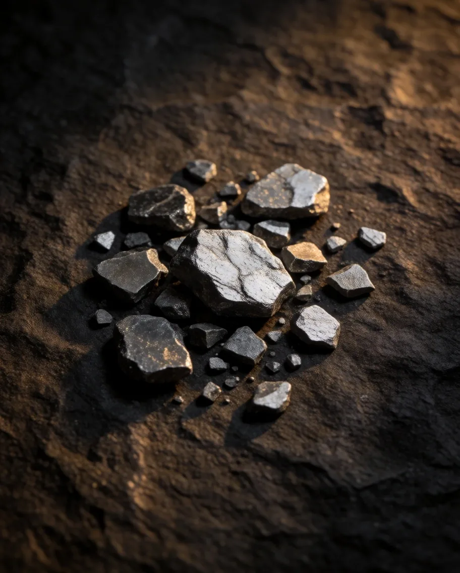 Raw zinc and magnesium mineral specimens on dark textured paper