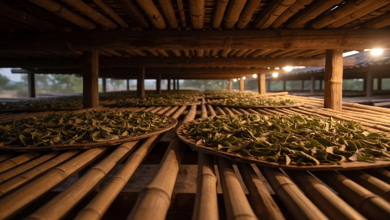 Botanical drying shed at dusk with timber walls and amber light