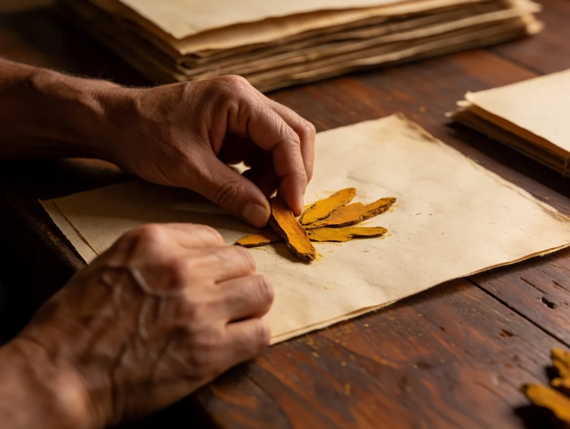 Hands placing botanical specimen on gummed sheet