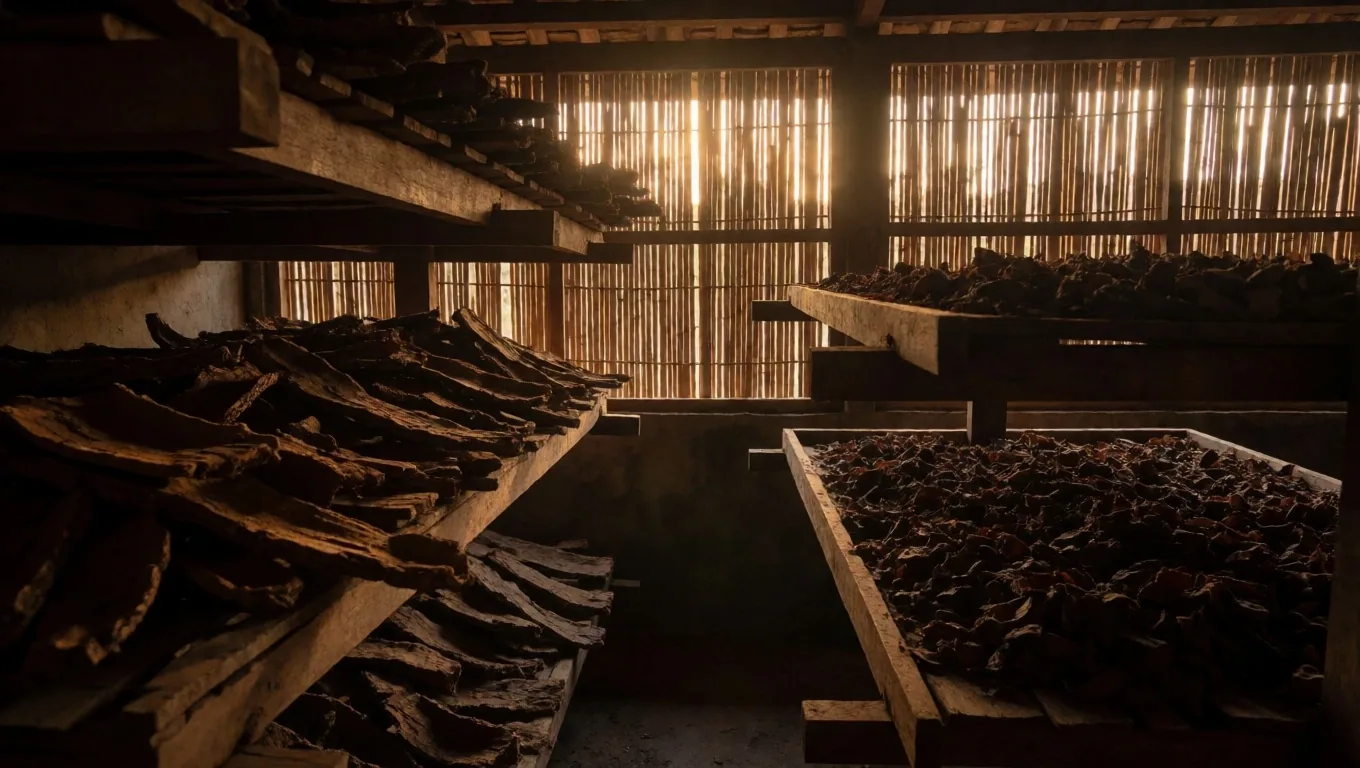 Botanical drying shed at tropical dusk with amber light through timber slats