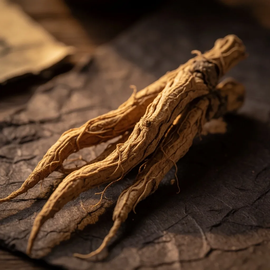 Dried ashwagandha root in a wooden bowl on dark paper