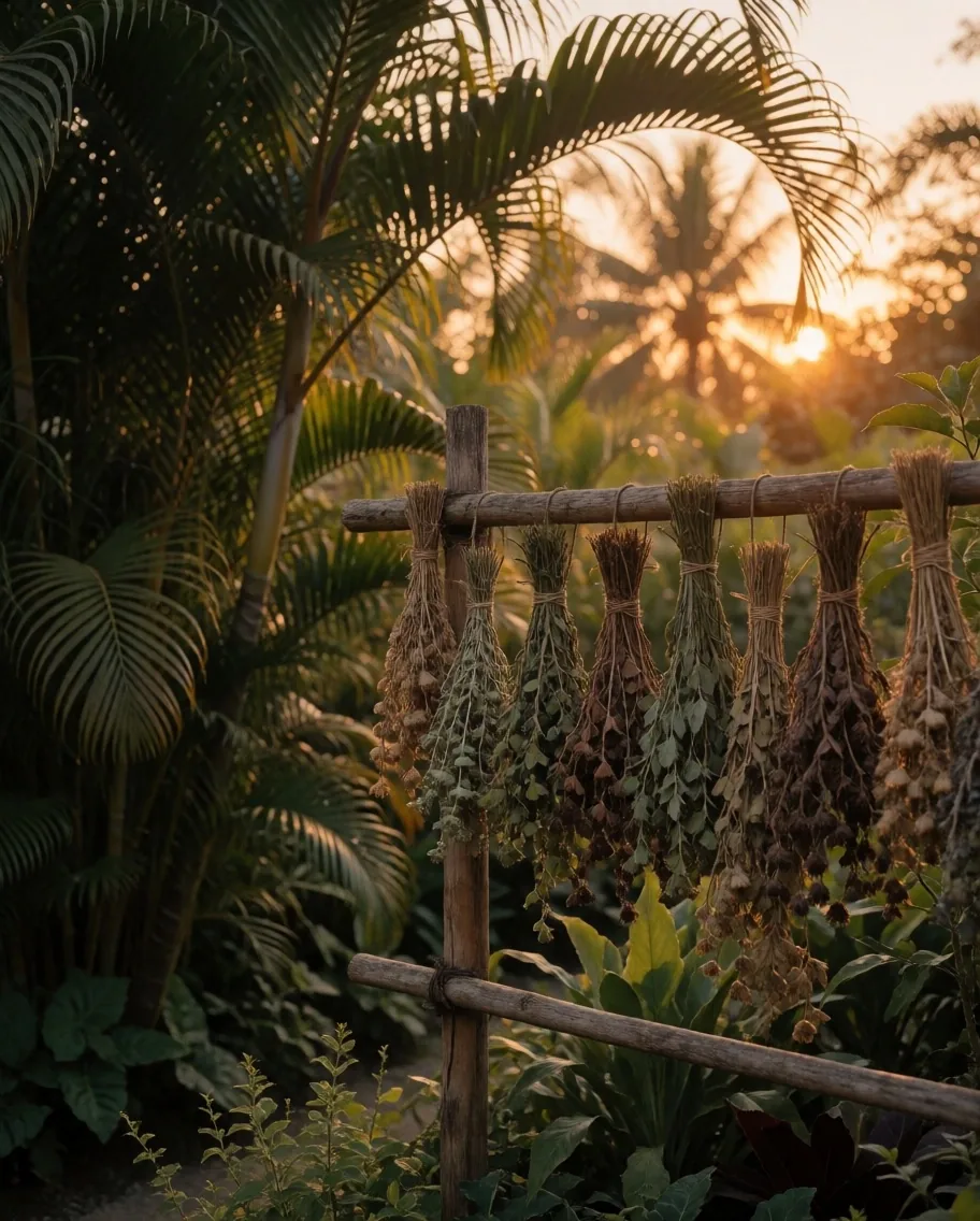 Tropical botanical garden at dusk with dried herbs on timber rack